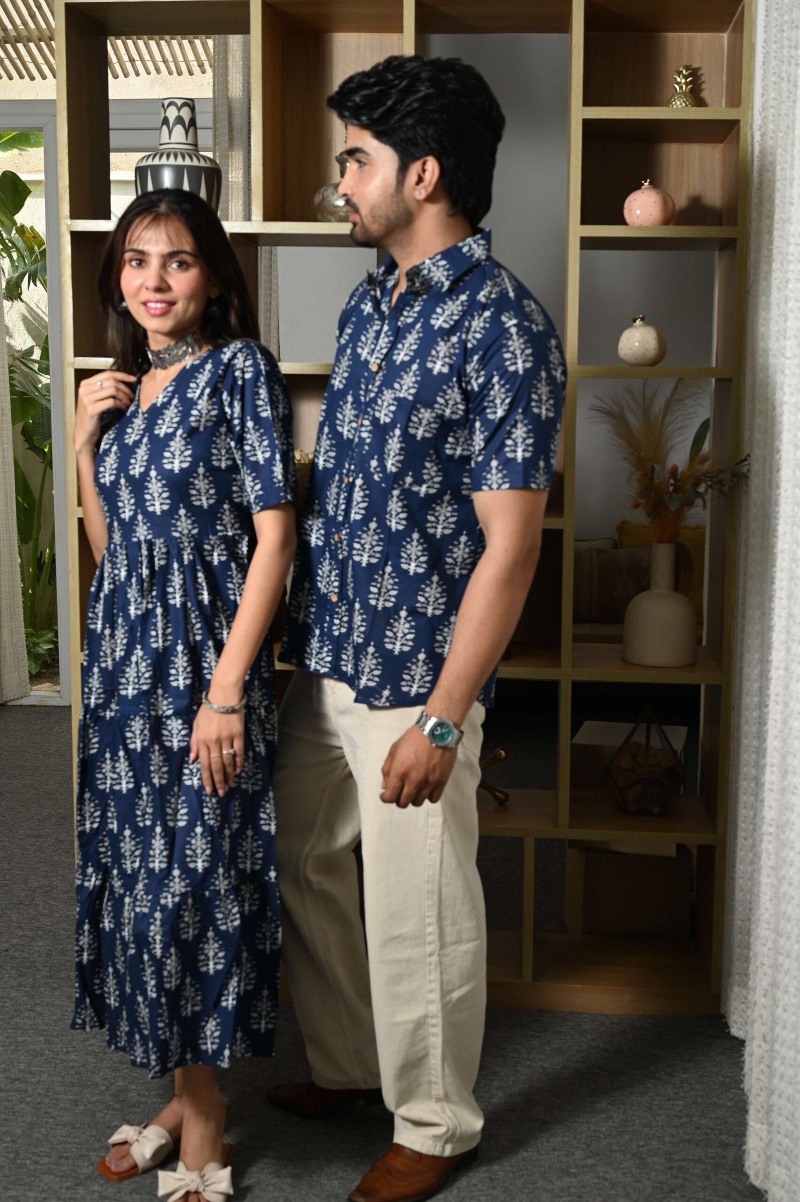 Couple Matching Navy-Blue Printed Cotton Anarkali Midi Dress & Shirt Set ? Summer Casual Wear - Image 2